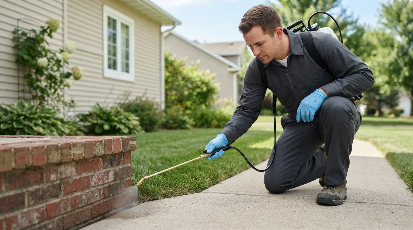 Pest control technician treating a home near Rivervale, AR