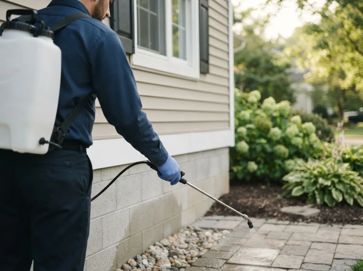 Pest control technician inspecting a home in Rivervale, AR
